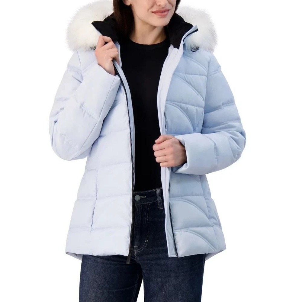 NWT Nautica Women's L Puffer Jacket Light Blue Polyester Faux Fur Hood P1126